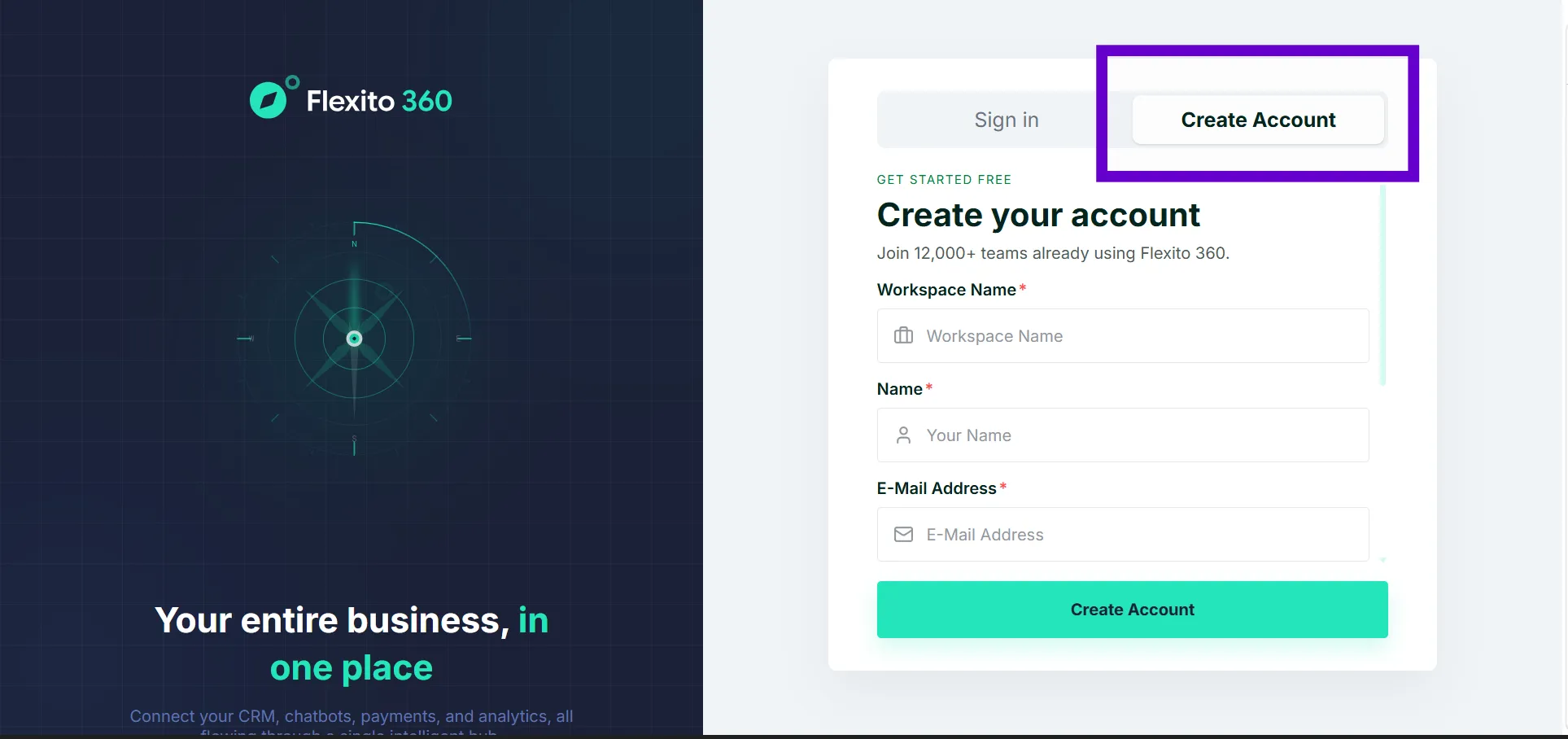 Flexito 360 OmniAI registration page for creating a Flexito account